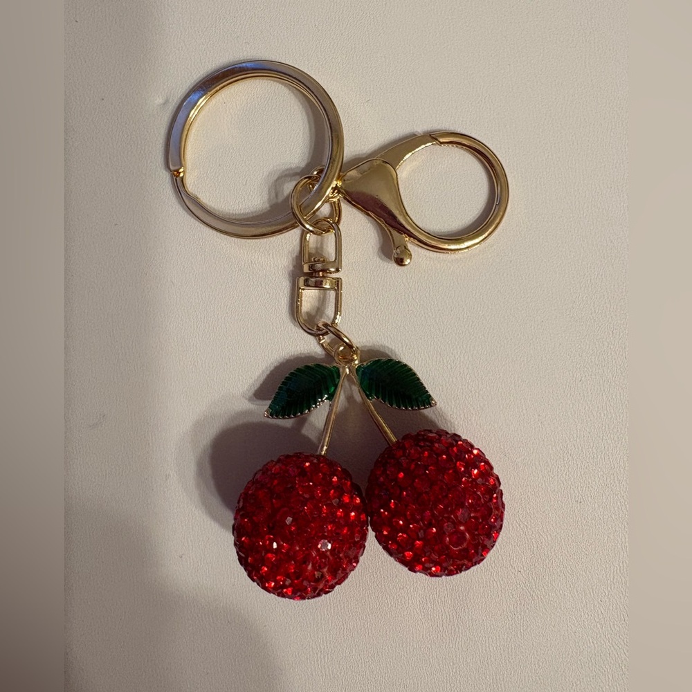 New Red Rhinestone Cherry Keychain with Gold Accents